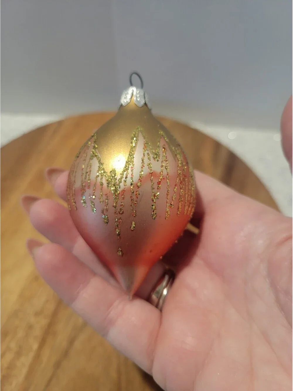 2 Vintage Teardrop Blown Glass Hand Painted Mica Glitter Christmas Ornaments 3
